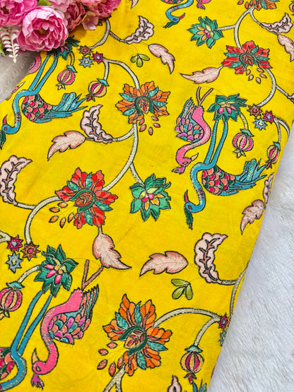 Pure chenon kalamkari animals design🦩 with position print width 44 blouse , lehanga, frock , 👗 👚 YELLOW