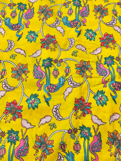 Pure chenon kalamkari animals design🦩 with position print width 44 blouse , lehanga, frock , 👗 👚 YELLOW