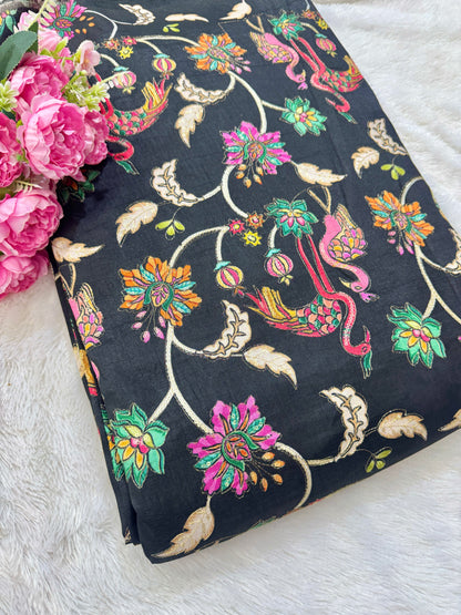 Pure chenon kalamkari animals design🦩 with position print width 44 blouse , lehanga, frock , 👗 👚BLACK