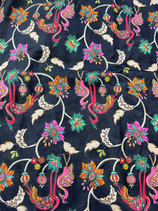 Pure chenon kalamkari animals design🦩 with position print width 44 blouse , lehanga, frock , 👗 👚BLACK