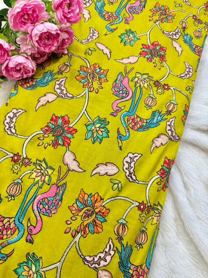 Pure chenon kalamkari animals design🦩 with position print width 44 blouse , lehanga, frock , 👗 👚 MEHANDI GREEN