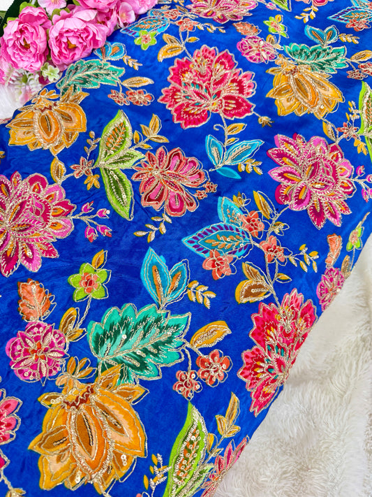 👗LUXURY NATURAL CRAPE  FLORAL PRINT  EMBROIDERY WITH SEQUINS 44 INCH  WIDTH blue