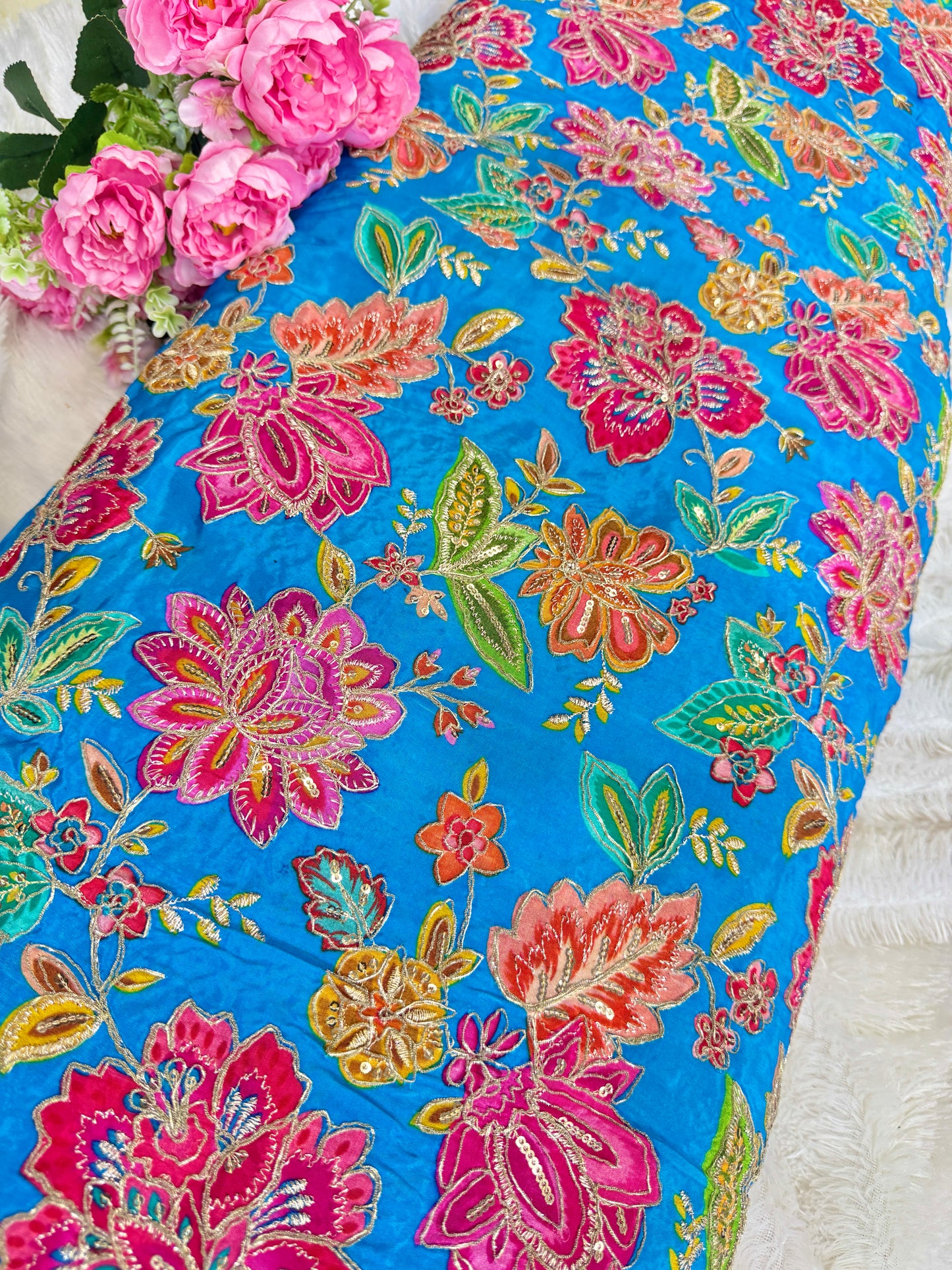 👗LUXURY NATURAL CRAPE  FLORAL PRINT  EMBROIDERY WITH SEQUINS 44 INCH  WIDTH SKY BLUE