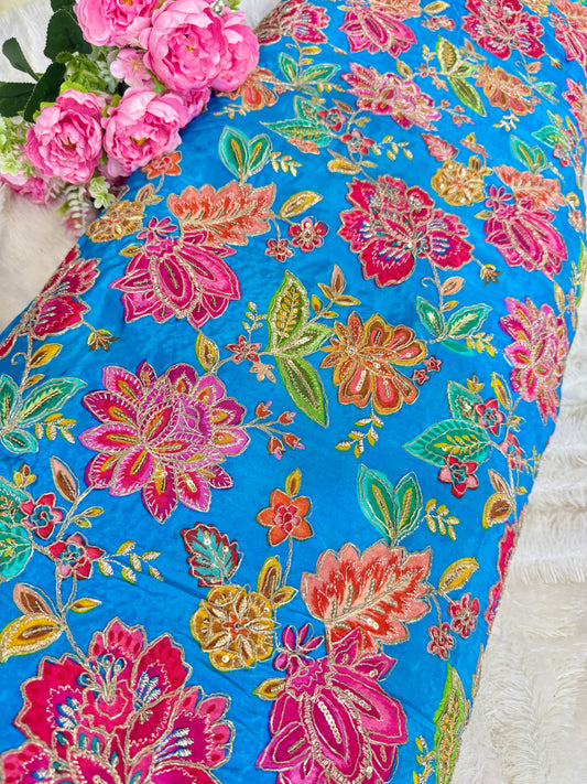 👗LUXURY NATURAL CRAPE  FLORAL PRINT  EMBROIDERY WITH SEQUINS 44 INCH  WIDTH SKY BLUE