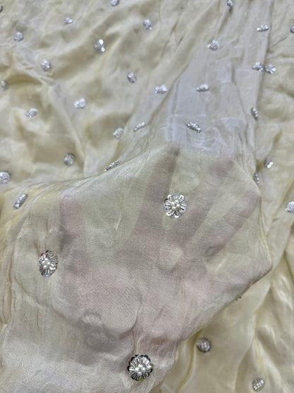 👗ZARI TISSUE HANDWORK BOTI SILVER  44-45  INCH WIDTH (DYBLE ) ✅