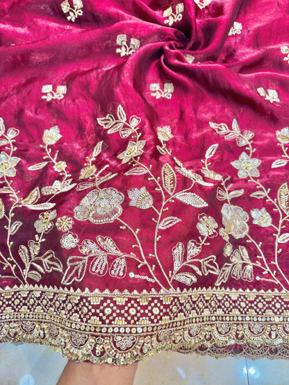 Luxurious👗 fendy fabric with– Floral & Heavy Border Work with zari work sari,lehanga, Anarkali , gown and etc 44-45inch width