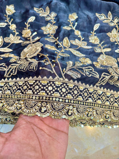 Luxurious👗 fendy fabric with– Floral & Heavy Border Work with zari work sari,lehanga, Anarkali , gown and etc 44-45inch width black