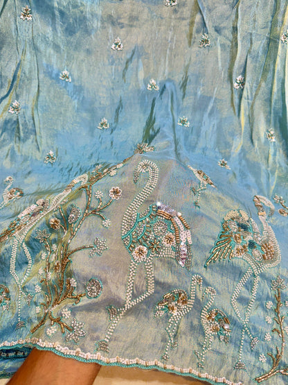 👗🥻Premium Viscose Tissue handwork with Embroidered Fabric – Swan & Floral Motif beads work 60inch width