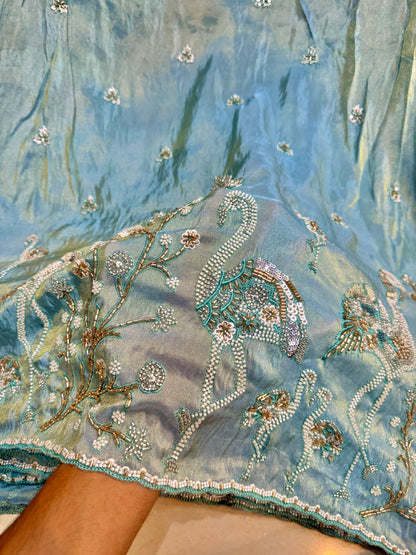 👗🥻Premium Viscose Tissue handwork with Embroidered Fabric – Swan & Floral Motif beads work 60inch width