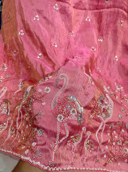 👗🥻Premium Viscose Tissue handwork with Embroidered Fabric – Swan & Floral Motif beads work 60inch width