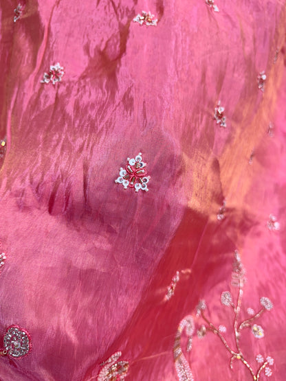 👗🥻Premium Viscose Tissue handwork with Embroidered Fabric – Swan & Floral Motif beads work 60inch width