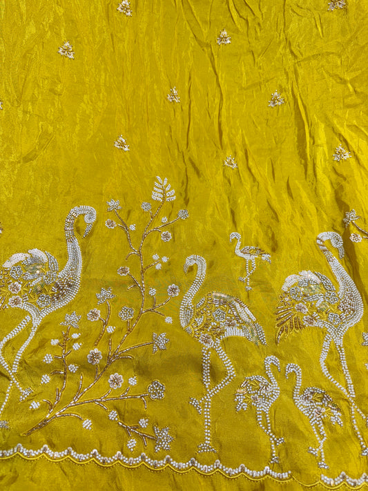 👗🥻Premium Viscose Tissue handwork with Embroidered Fabric – Swan & Floral Motif beads work 60inch width