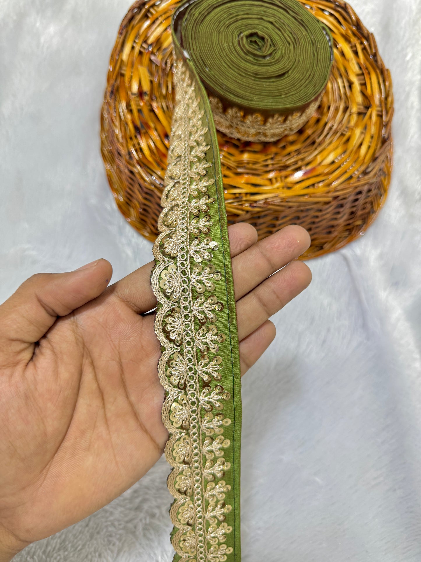 rawsilk fancy lace border with coding work sequence  (pack of 9 meter) mehandi green