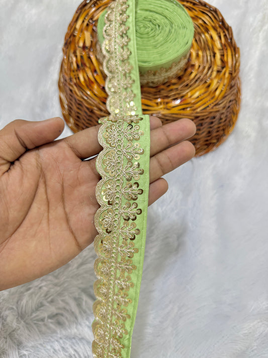 rawsilk fancy lace border with coding work sequence  (pack of 9 meter) pista green