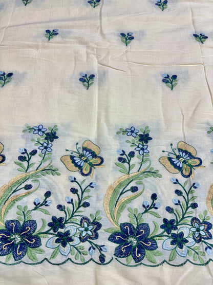 Tissu en coton Kora avec une magnifique broderie 🧵 au bord, motif floral 💐🌸, largeur 44-45 (teintable) ✅