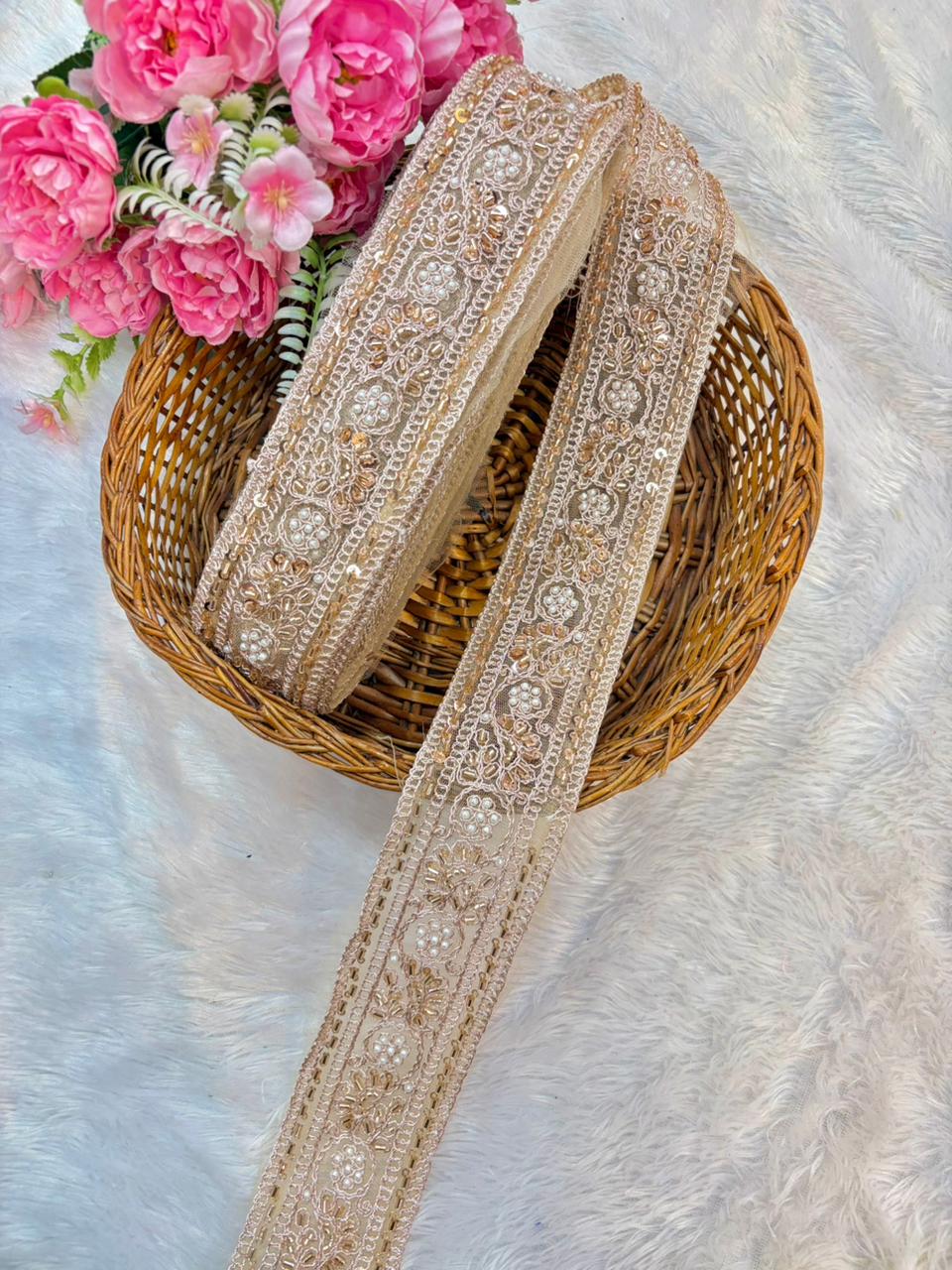 Gold handmade  & Sequin Hand-Embroidered Lace (9 Meters)bridal