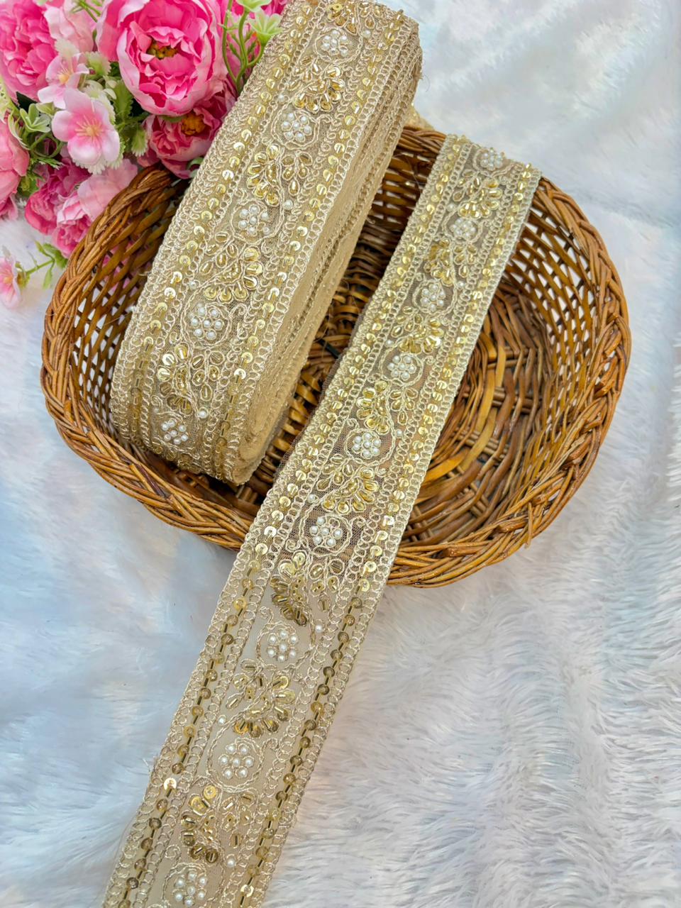 Gold handmade  & Sequin Hand-Embroidered Lace (9 Meters)bridal