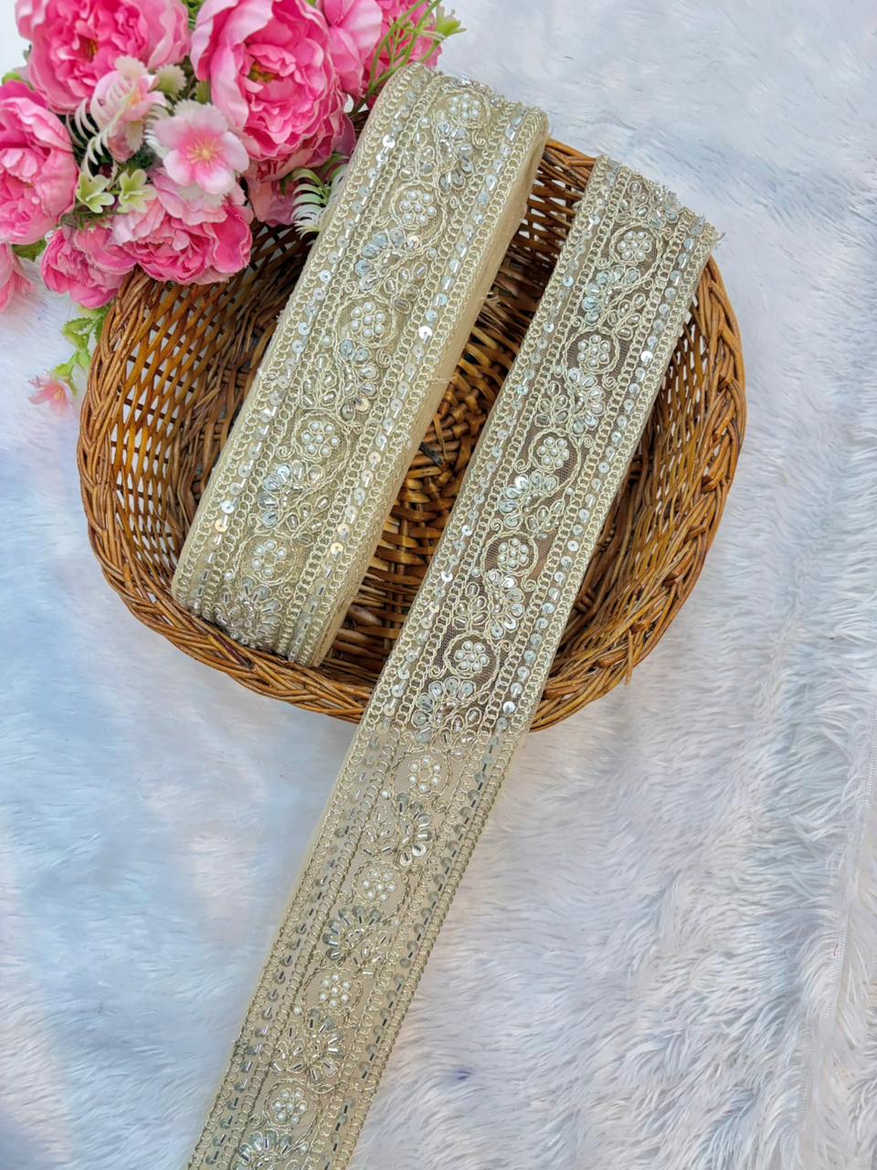 Gold handmade  & Sequin Hand-Embroidered Lace (9 Meters)bridal