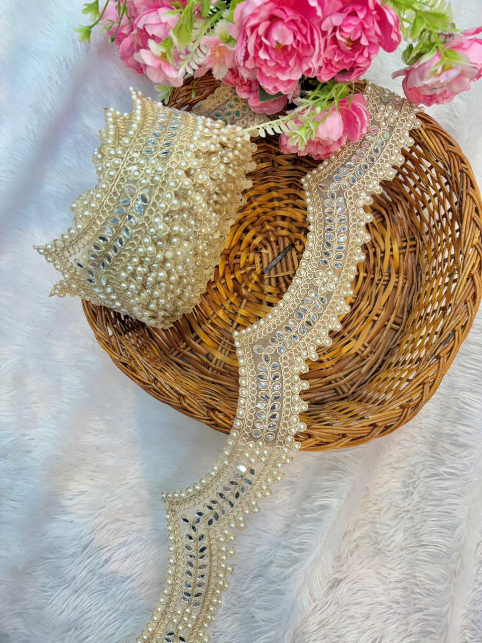 Elegant Pearl & Mirror Embroidered Lace Trim pack of 9 meter