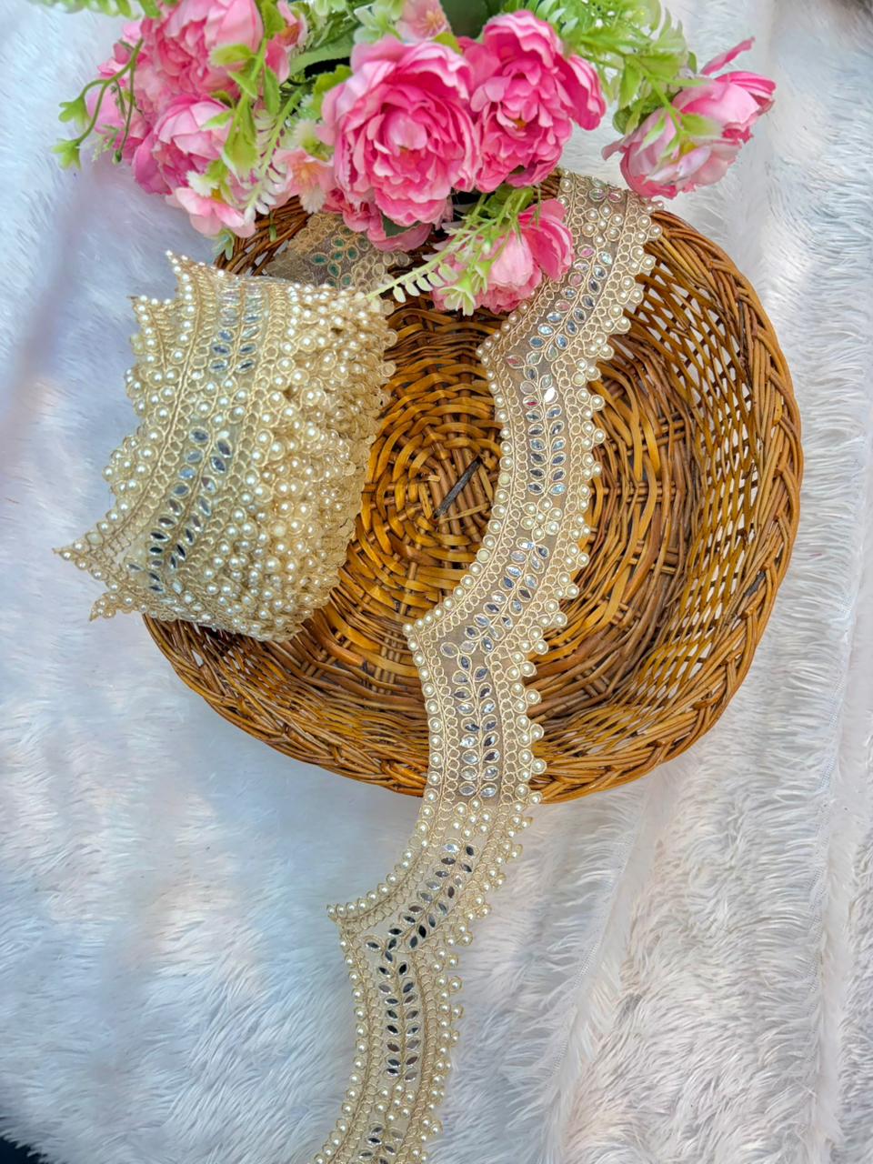 Elegant Pearl & Mirror Embroidered Lace Trim pack of 9 meter