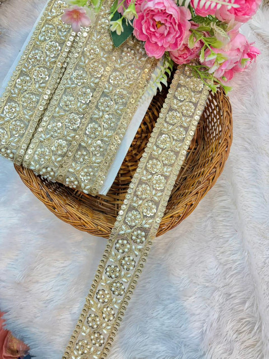Royal Pearl Blossom Zari Lace Trim – Luxury Handmade Designer Border (9 Meter Pack)