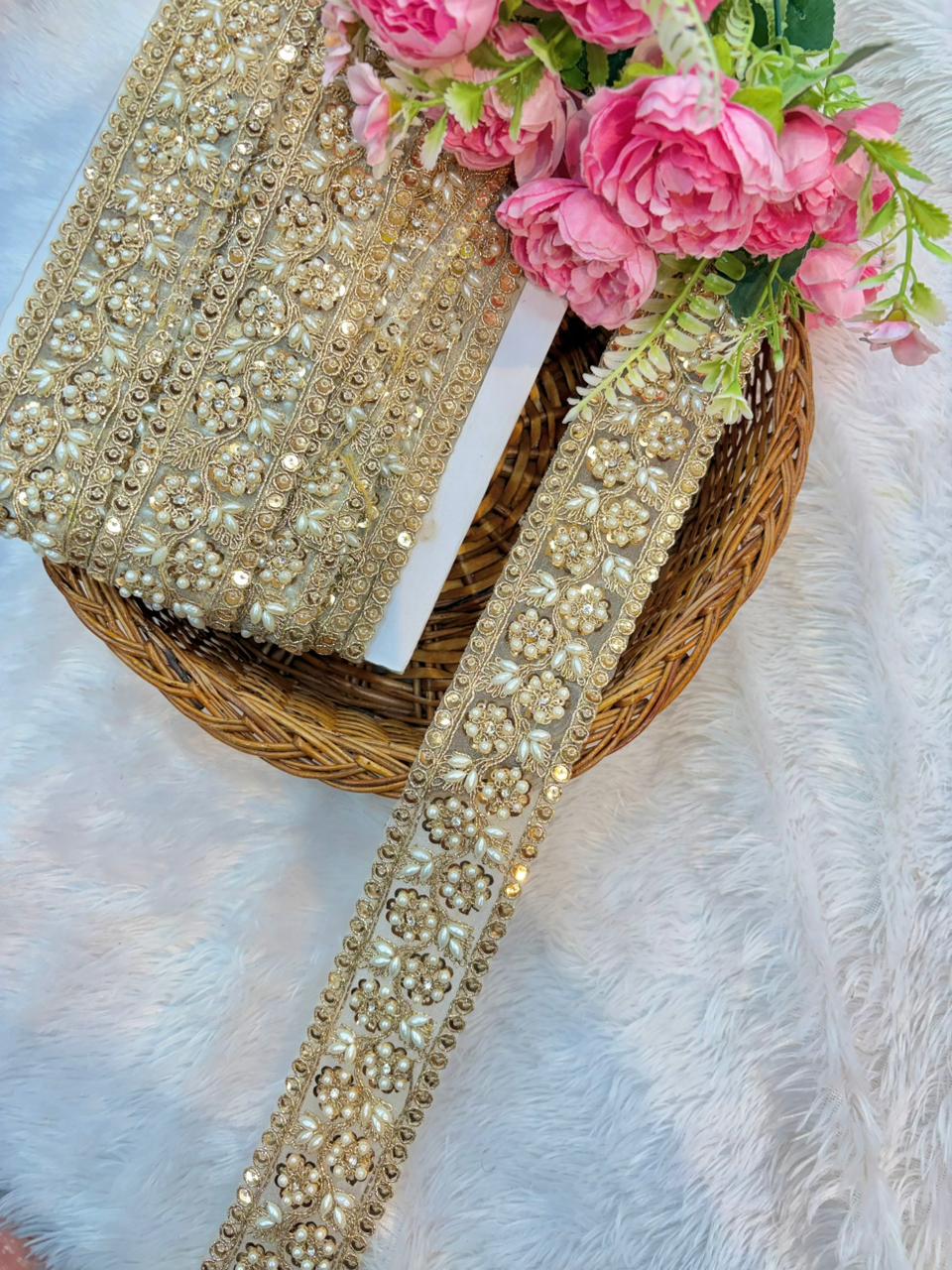 Royal Pearl Blossom Zari Lace Trim – Luxury Handmade Designer Border (9 Meter Pack)