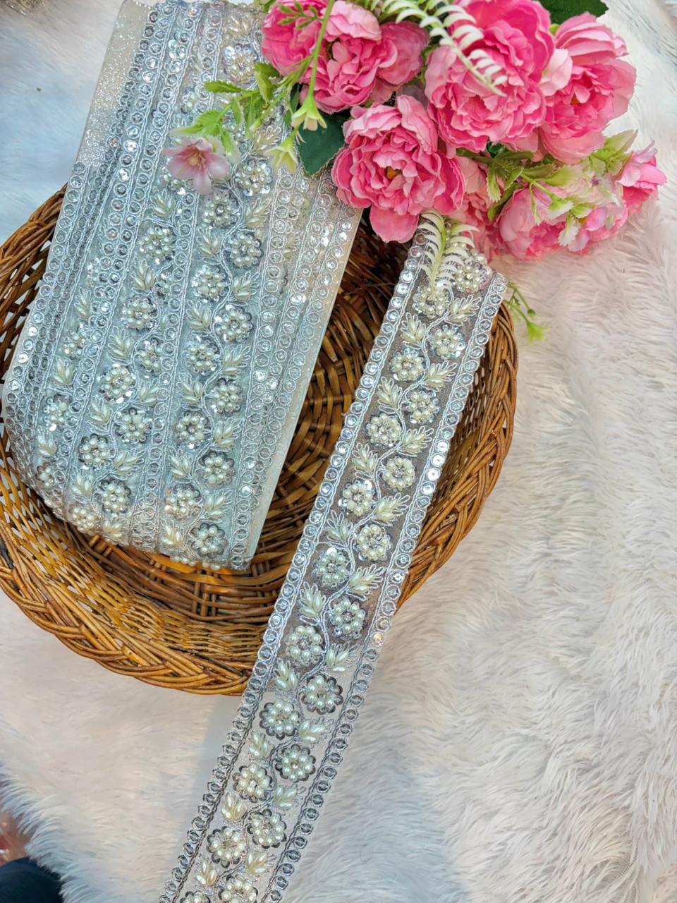 Royal Pearl Blossom Zari Lace Trim – Luxury Handmade Designer Border (9 Meter Pack)