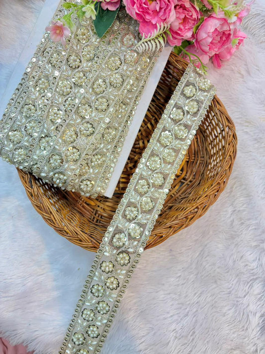 Royal Pearl Blossom Zari Lace Trim – Luxury Handmade Designer Border (9 Meter Pack)