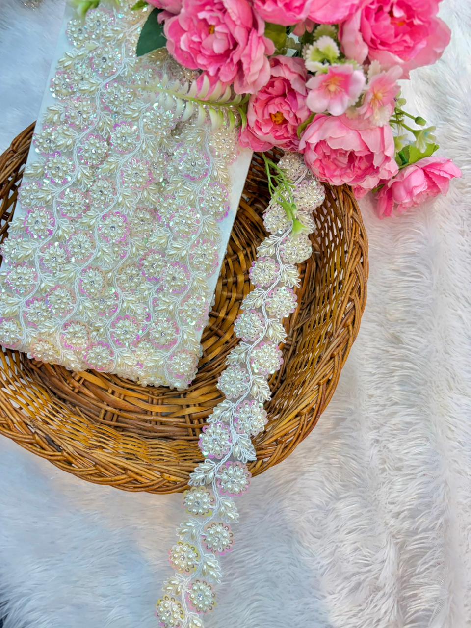 Royal Pearl Blossom Zari Lace Trim – Luxury Handmade Designer Border (9 Meter Pack)