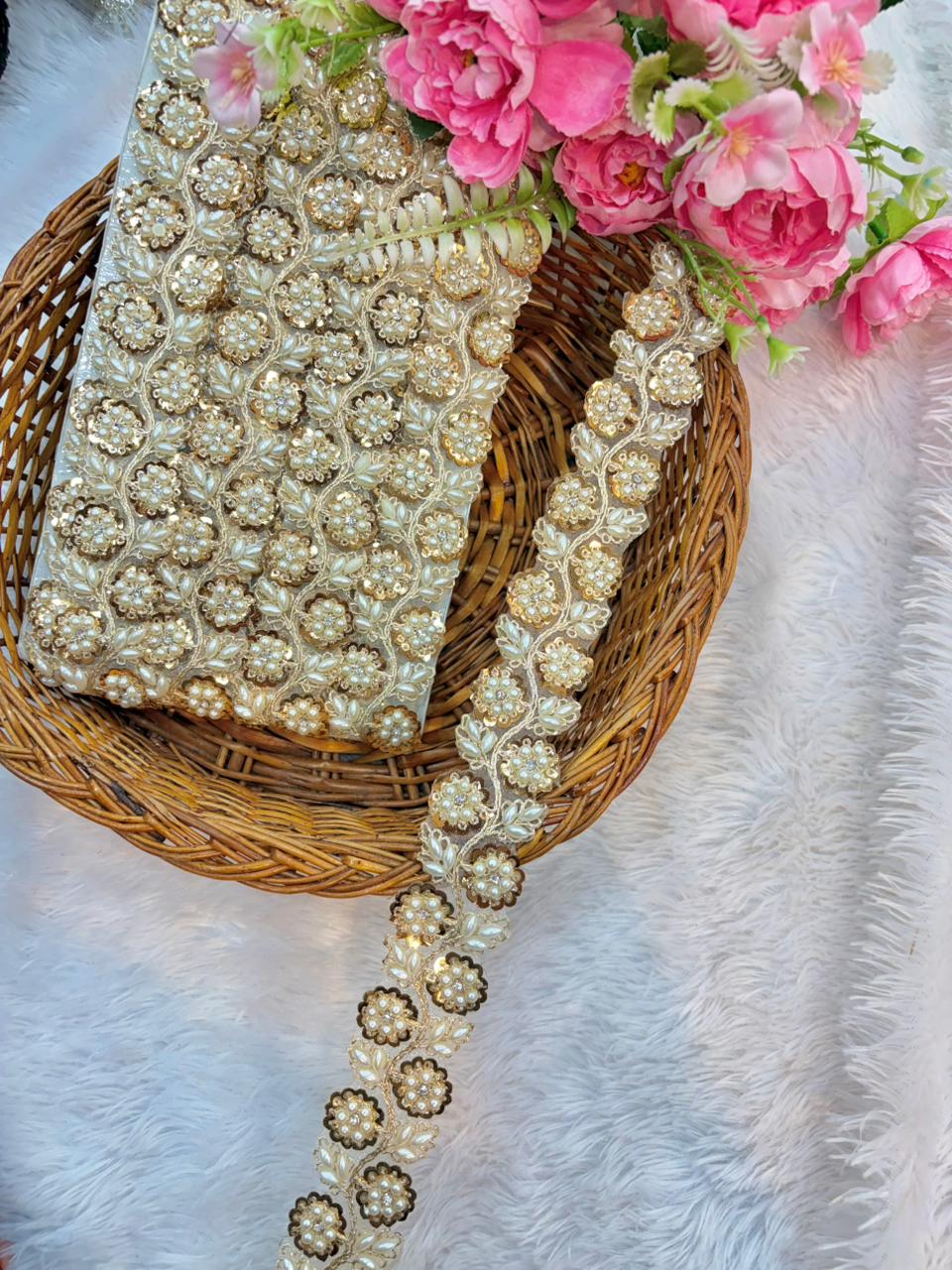Royal Pearl Blossom Zari Lace Trim – Luxury Handmade Designer Border (9 Meter Pack)