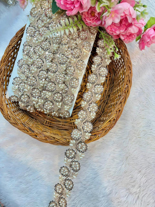 Royal Pearl Blossom Zari Lace Trim – Luxury Handmade Designer Border (9 Meter Pack)