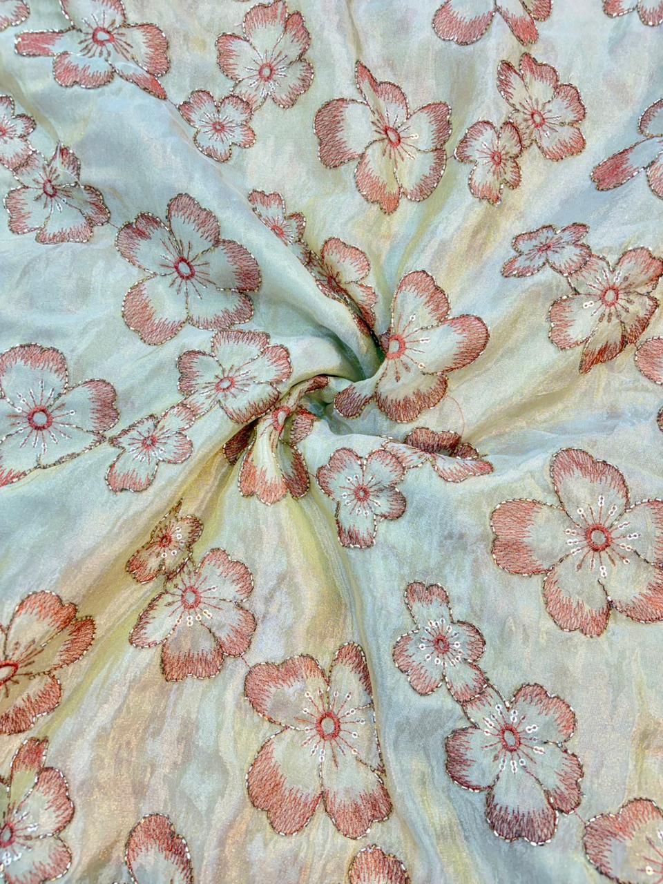 Blush Bloom Viscose Tissue Sare , lehanga , blouse , gown , frock Embroidered Fabric width 44