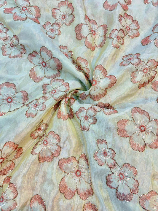 Blush Bloom Viscose Tissue Sare , lehanga , blouse , gown , frock Embroidered Fabric width 44