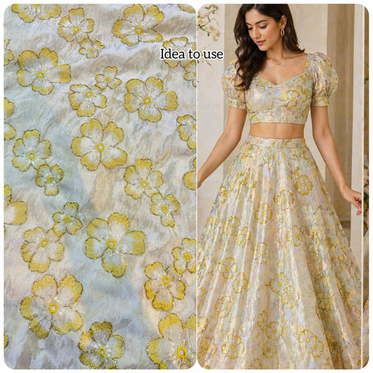 Blush Bloom Viscose Tissue Sare , lehanga , blouse , gown , frock Embroidered Fabric width 44