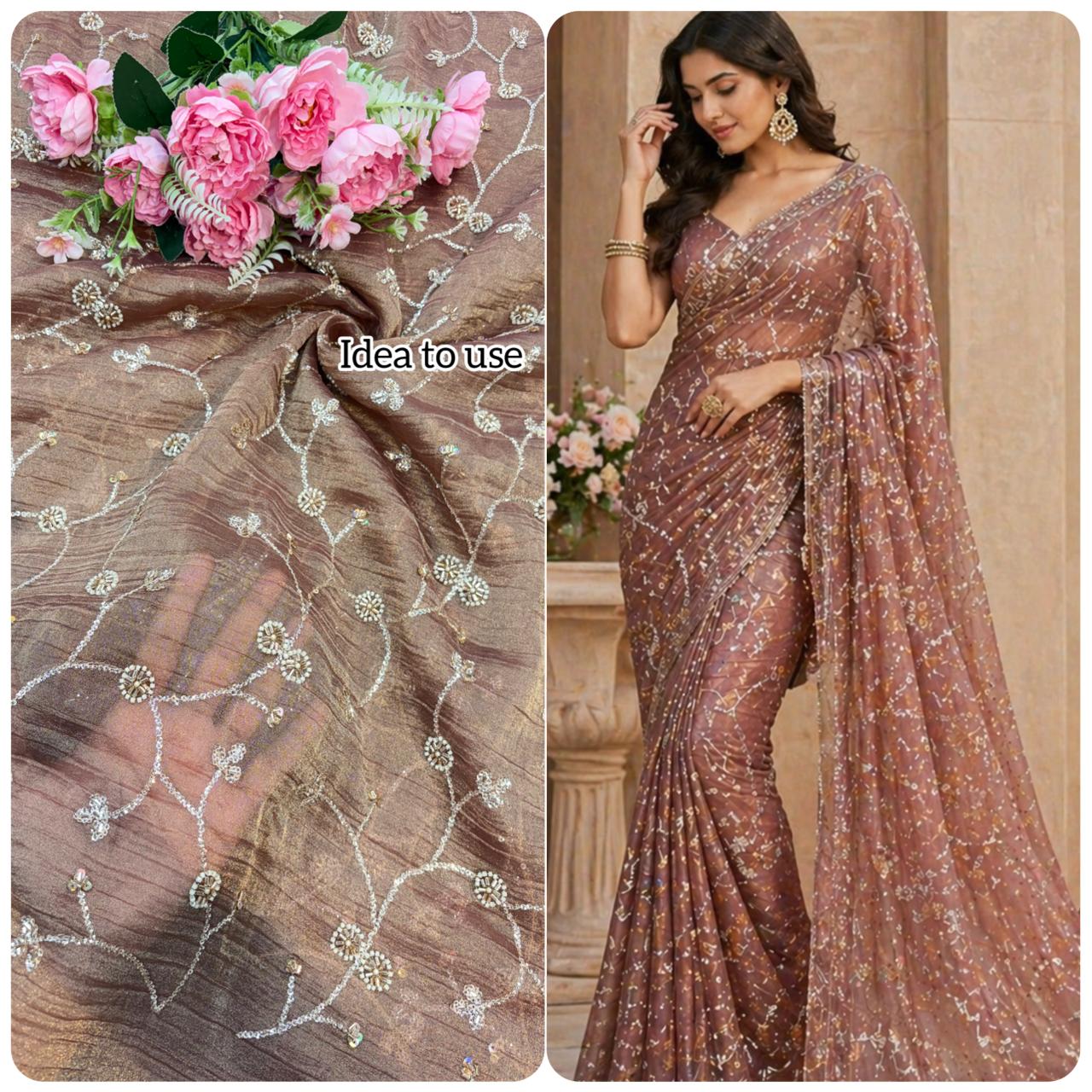 exclusive hand made Pearl Glass Tissue Fabric lehanga frock gown Sare width 44