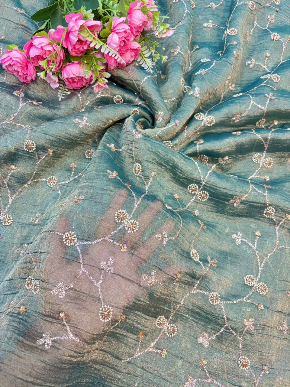 exclusive hand made Pearl Glass Tissue Fabric lehanga frock gown Sare width 44