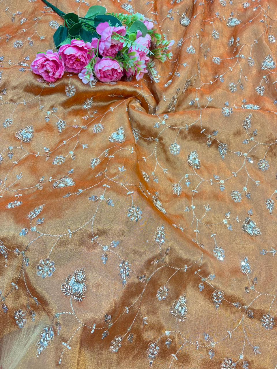 exclusive hand made Pearl Glass Tissue Fabric lehanga frock gown Sare width 44