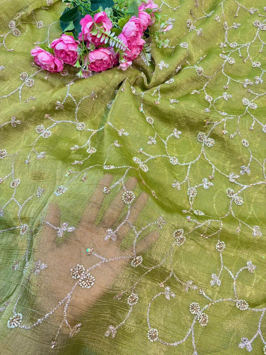 exclusive hand made Pearl Glass Tissue Fabric lehanga frock gown Sare width 44