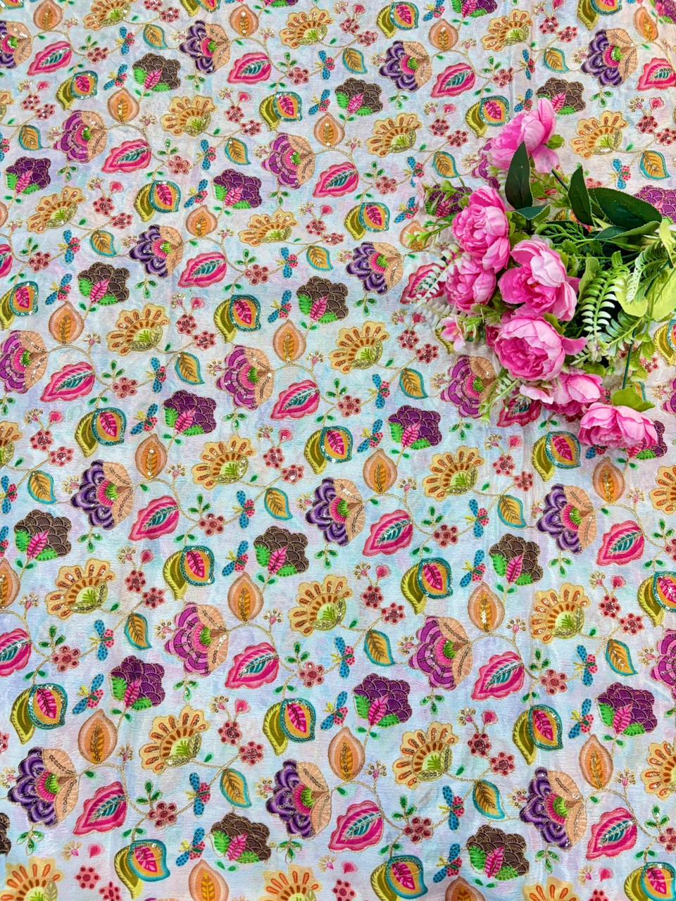 Trending flower desing♥️😍Royal Heritage Story Print Crepe Fabric width 44