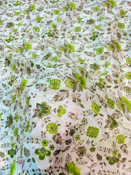 Pure Dola Silk with Artisanal Positional Prints & Zari beautiful flower design width 44 Blouse,lehanga, frock