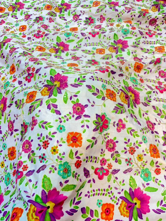 Pure Dola Silk with Artisanal Positional Prints & Zari beautiful flower design width 44 Blouse,lehanga, frock