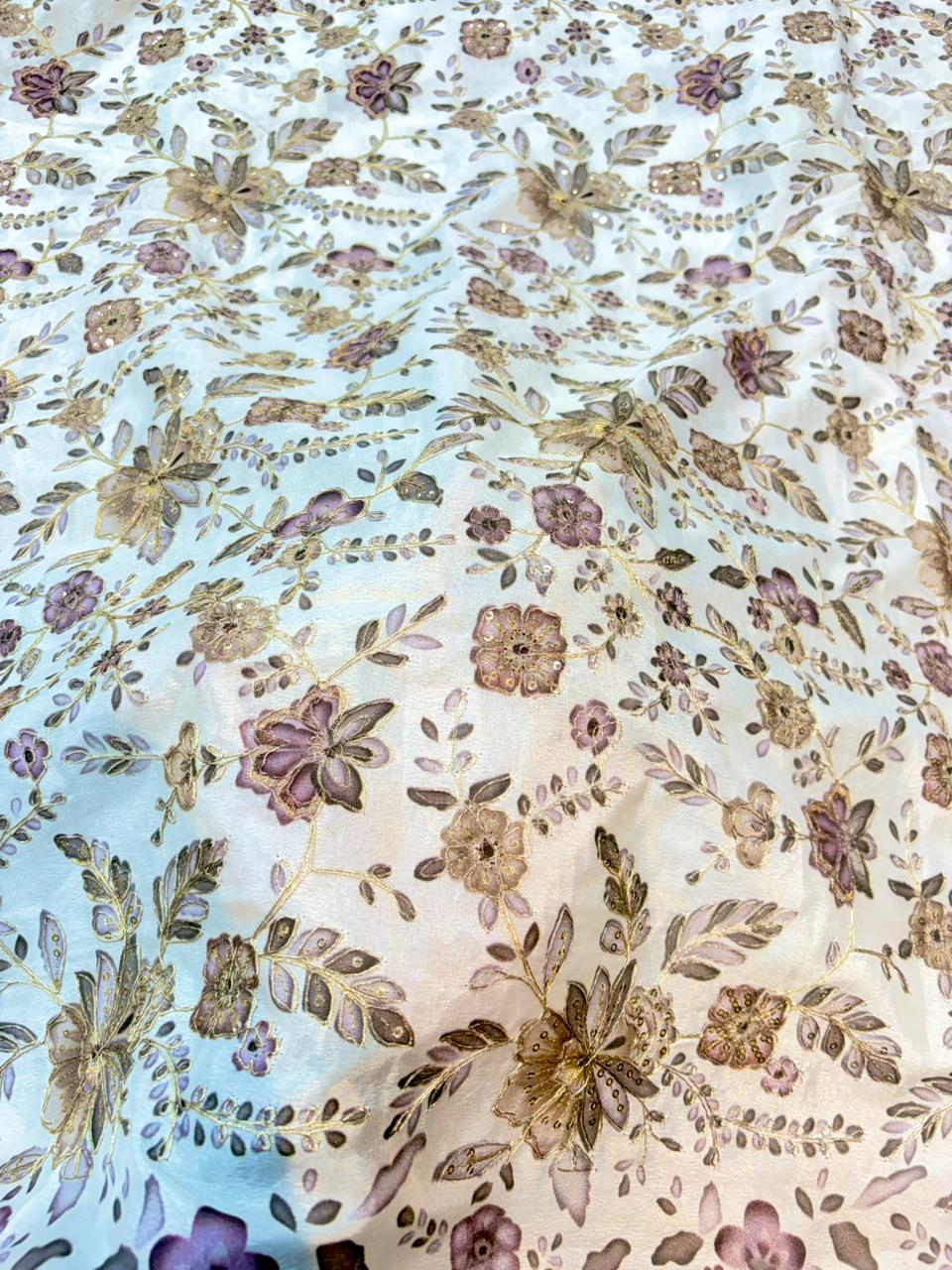 Pure Dola Silk with Artisanal Positional Prints & Zari beautiful flower design width 44 Blouse,lehanga, frock
