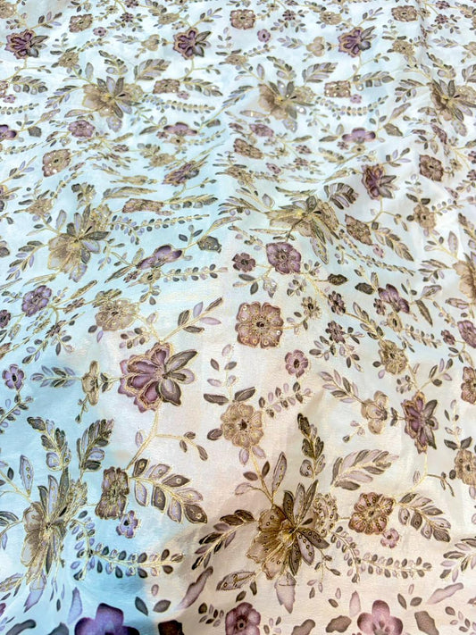 Pure Dola Silk with Artisanal Positional Prints & Zari beautiful flower design width 44 Blouse,lehanga, frock