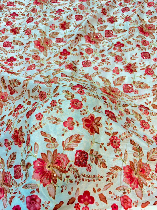 Pure Dola Silk with Artisanal Positional Prints & Zari beautiful flower design width 44 Blouse,lehanga, frock