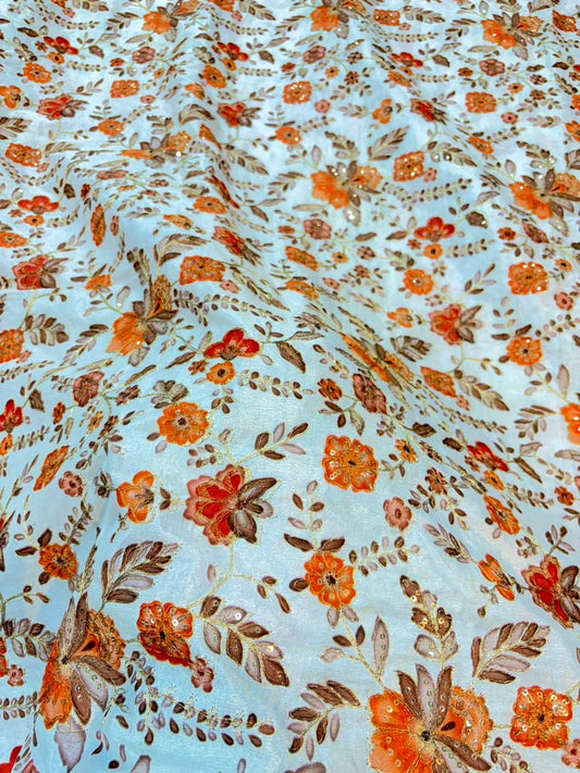 Pure Dola Silk with Artisanal Positional Prints & Zari beautiful flower design width 44 Blouse,lehanga, frock