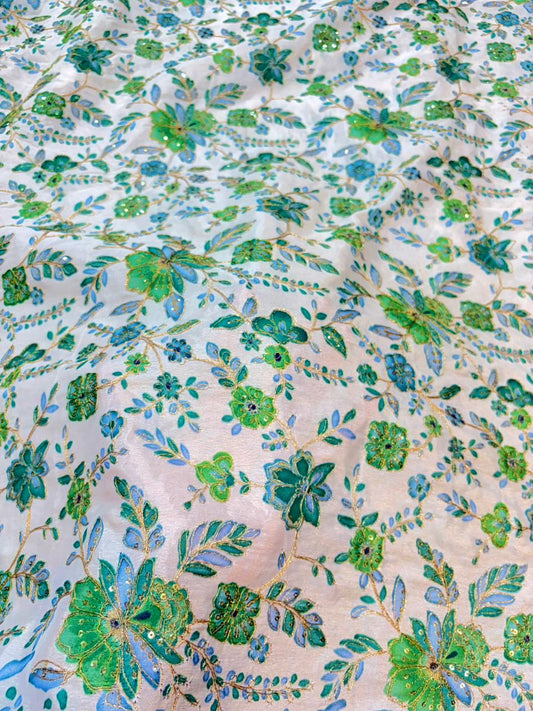 Pure Dola Silk with Artisanal Positional Prints & Zari beautiful flower design width 44 Blouse,lehanga, frock