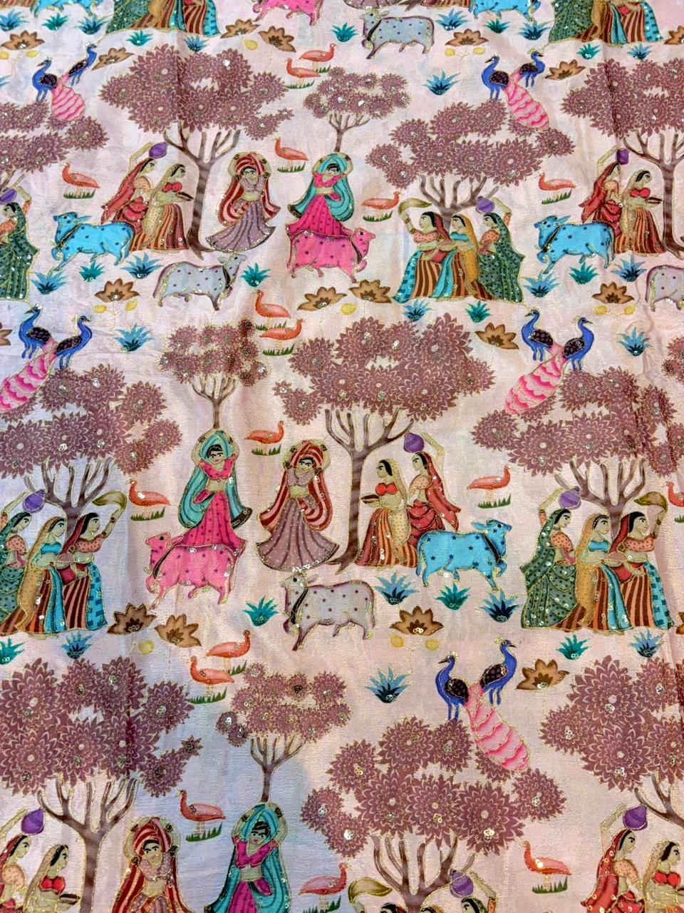 100%Pure Chinon Fabric – Ethnic Pastoral Women & Nature Printbeautiful flower design width 44 Blouse,lehanga, frock