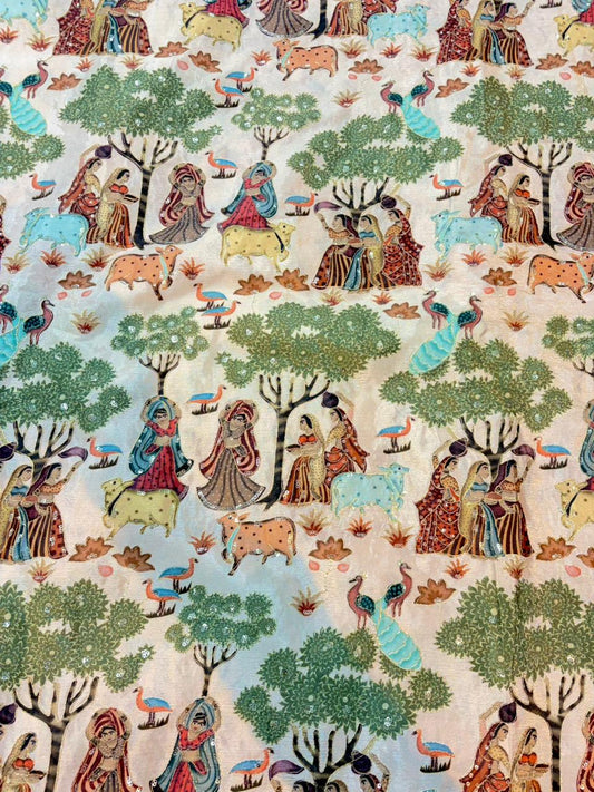 100%Pure Chinon Fabric – Ethnic Pastoral Women & Nature Printbeautiful flower design width 44 Blouse,lehanga, frock