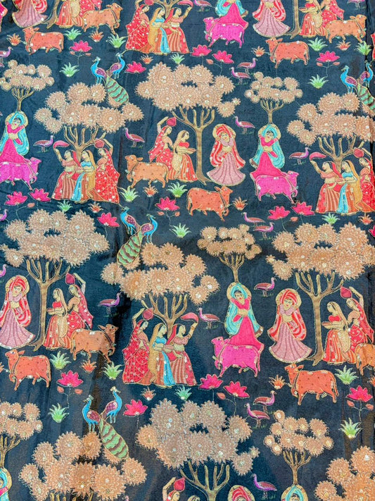 100%Pure Chinon Fabric – Ethnic Pastoral Women & Nature Printbeautiful flower design width 44 Blouse,lehanga, frock