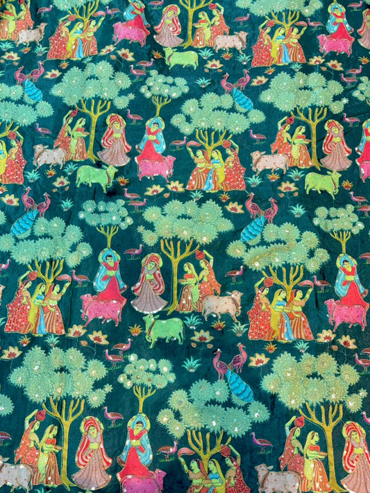 100%Pure Chinon Fabric – Ethnic Pastoral Women & Nature Printbeautiful flower design width 44 Blouse,lehanga, frock